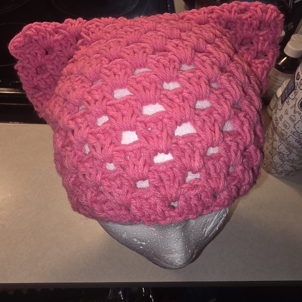Pink Crochet Cat Ear Beanie